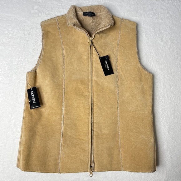 Express Jackets & Blazers - NWT Express Leather Sherpa Deadstock Two Way Zip Vest Y2K Sz M Bratz Ski Warm
